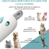 A white adjustable aperture tool for trimming pet nails, shown next to various sized pets.