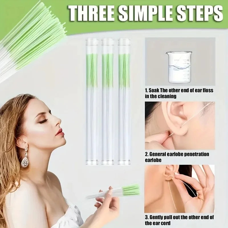 Three simple steps for using disposable ear cleaning tools, showing soaking and pulling the ear cord.