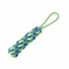 A braided green and blue cotton rope toy with a loop for a dog