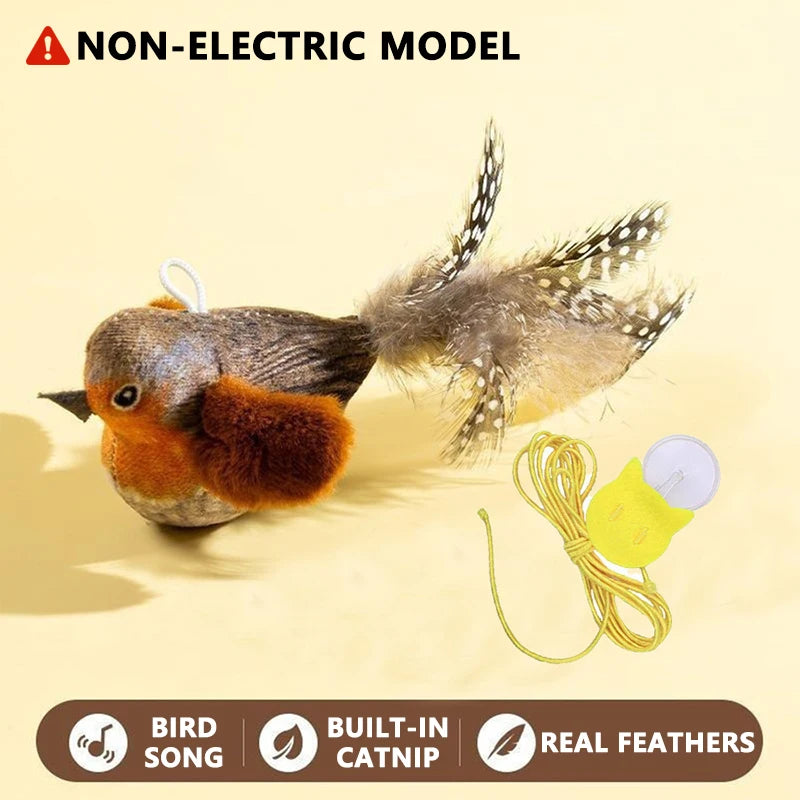 Nicht-elektronisches Vogelspielzeug mit echten Federn und gelbem LED-Schwanz, als Katzenspielball konzipiert.