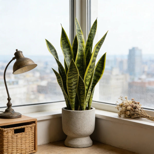 An artificial snake plant in green tiger piran style sits in a light gray pot on a windowsill overlooking a city view.
