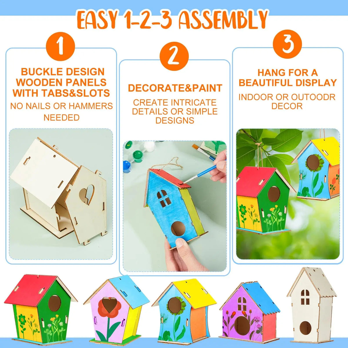 Easy 1-2-3 assembly craft kit for wooden bird houses featuring tucks, slots, and decorative paint options.