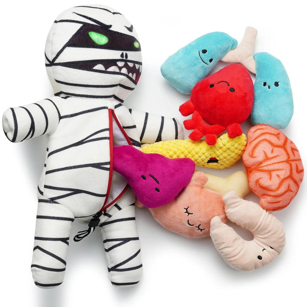A collection of colorful zombie mummy dog chew toys featuring various textures and shapes.