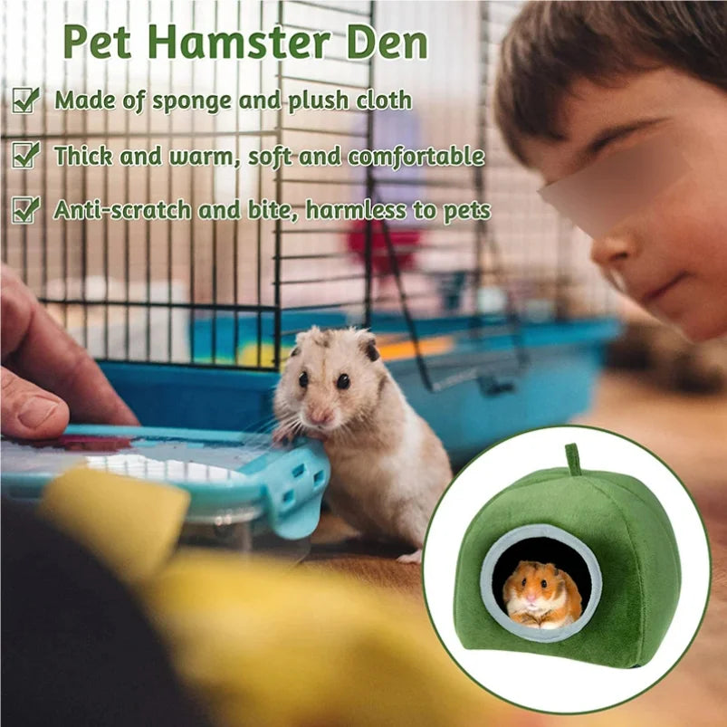 A small hamster is shown inside a green plush cave bed for pets, with surrounding text describing its features.