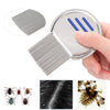 Stainless steel lice removal comb with a flat blade and a rubber grip shown next to various insects
