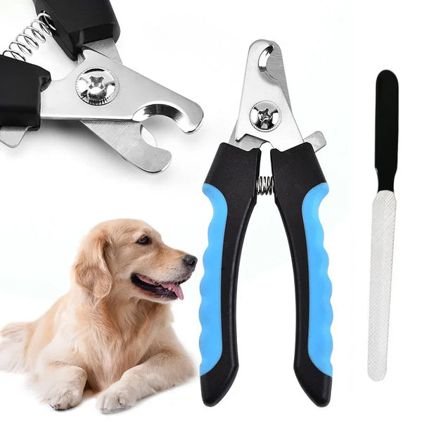 A set of heavy duty pet nail clippers, including metal clippers and black handles, next to a dog.