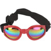 Red-framed foldable pet sunglasses with iridescent lenses and a black adjustable strap.