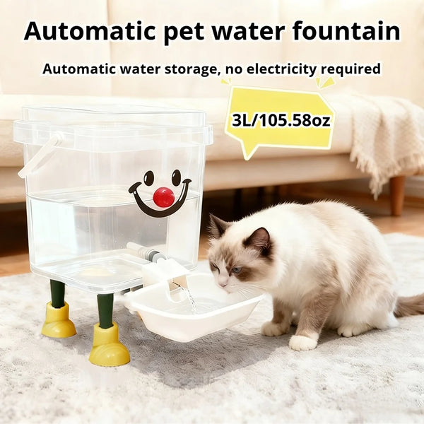 A small white cat is drinking water from a clear automatic pet water fountain dispenser.