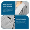 Close-up view of a gray pet carrier sling bag showing wide shoulder strap design and a small pocket detail.