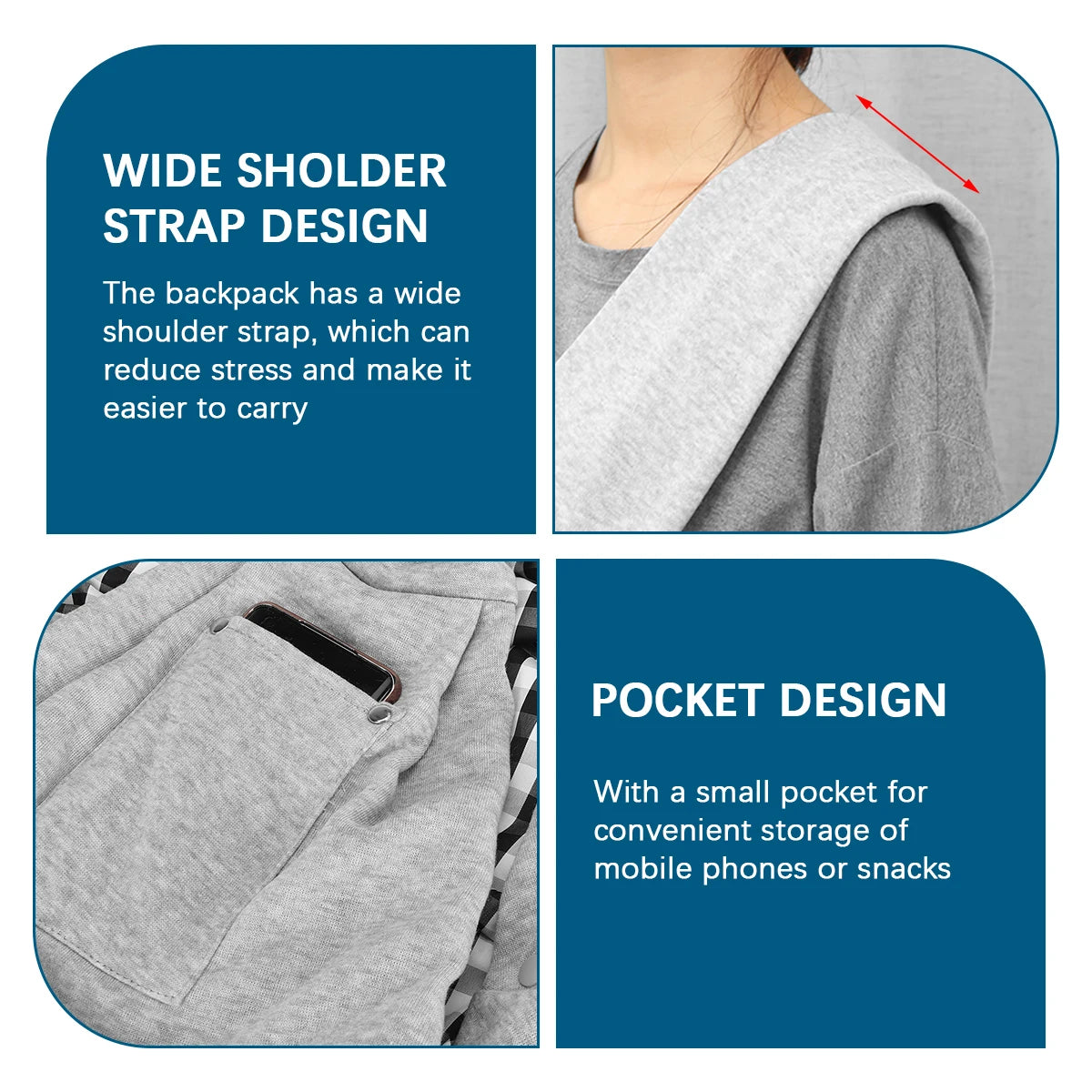 Close-up view of a gray pet carrier sling bag showing wide shoulder strap design and a small pocket detail.