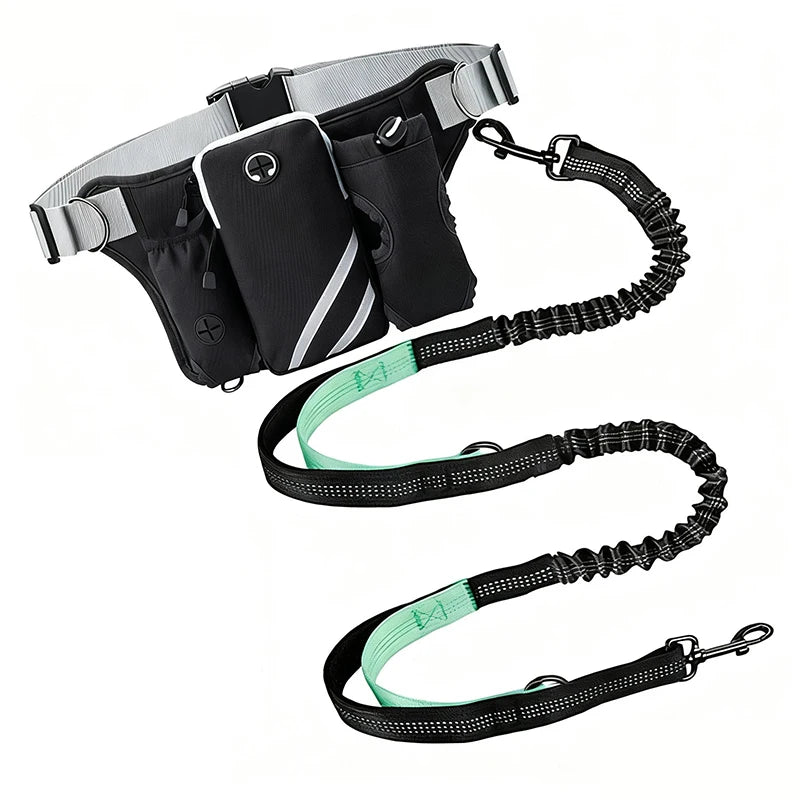 A black and silver hands-free reflective dog leash with a storage bag and multiple straps.