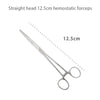A pair of straight head 12.5cm stainless steel hemostatic forceps shown against a white background.