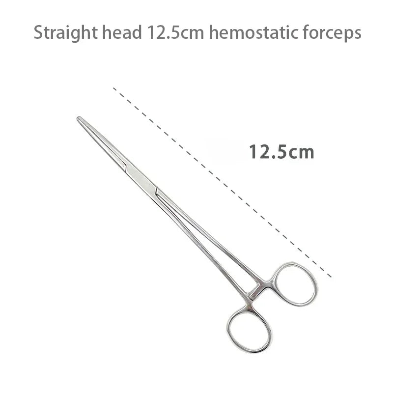 A pair of straight head 12.5cm stainless steel hemostatic forceps shown against a white background.