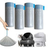 Rolls of cat litter box liners with drawstring closures in various shades of gray and blue.