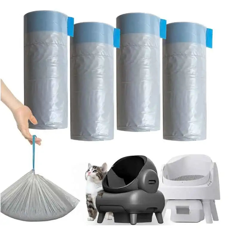 Rolls of cat litter box liners with drawstring closures in various shades of gray and blue.