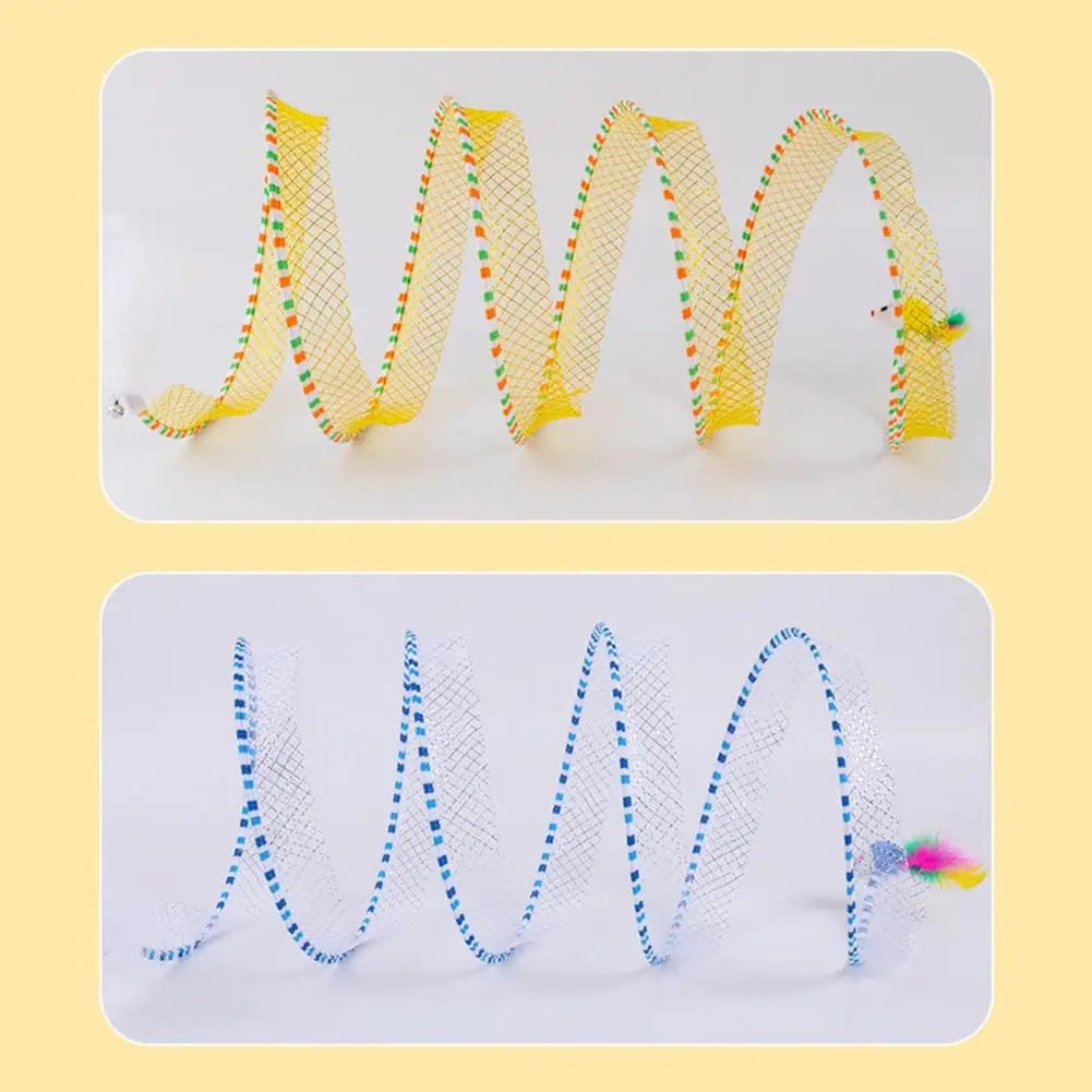 A yellow foldable cat hunting tunnel for indoor play, shown in two different styles.