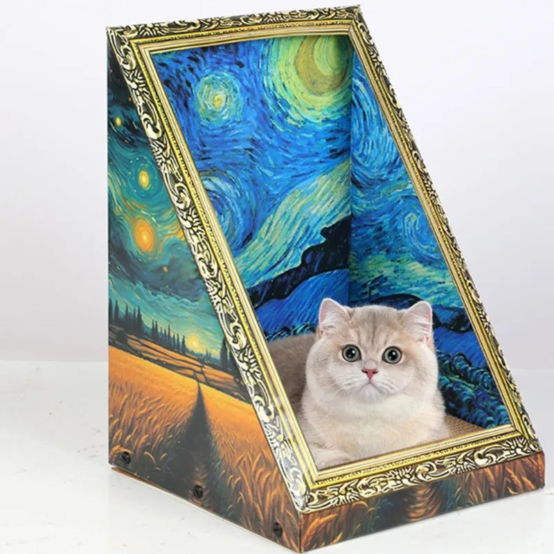 A framed artwork featuring a cat resting inside, set within a vibrant blue and green landscape.
