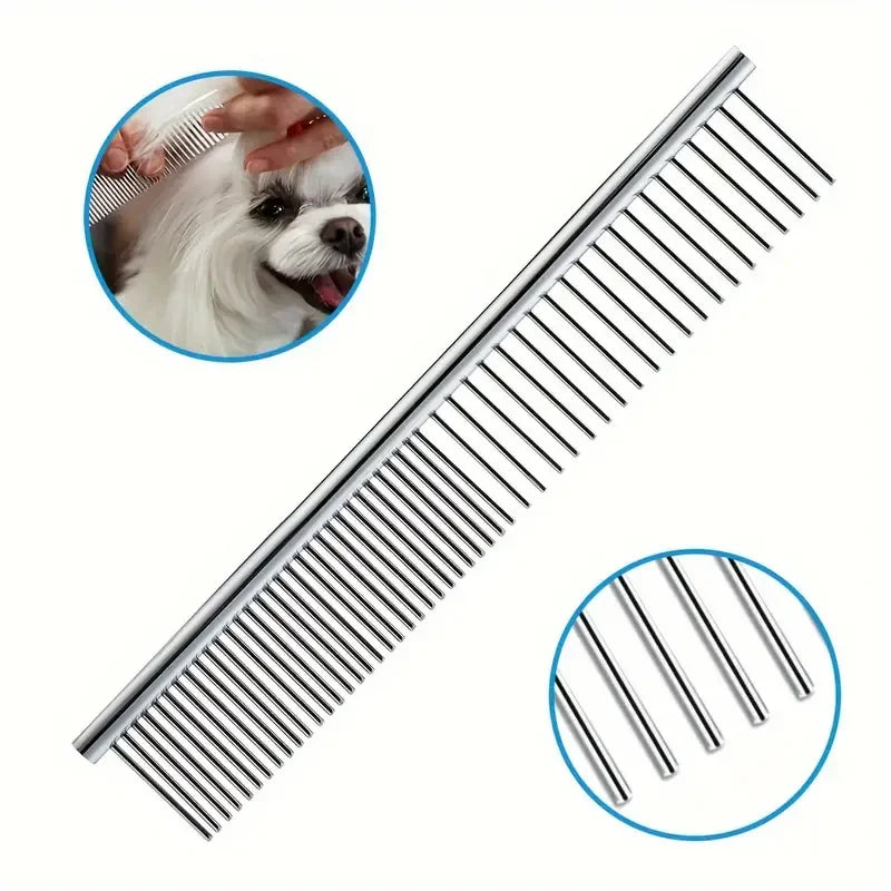 A silver titanium dog grooming comb with parallel teeth and a close-up of a dog being groomed.
