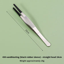 Pinzas de alimentación de acero inoxidable con funda de goma negra y cabeza recta de 18 cm.