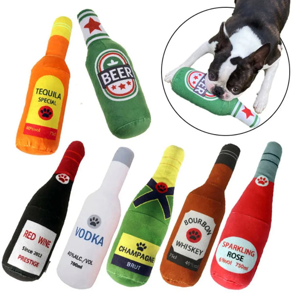 A collection of various alcoholic beverages and a bottle-shaped squeaky plush dog toy.
