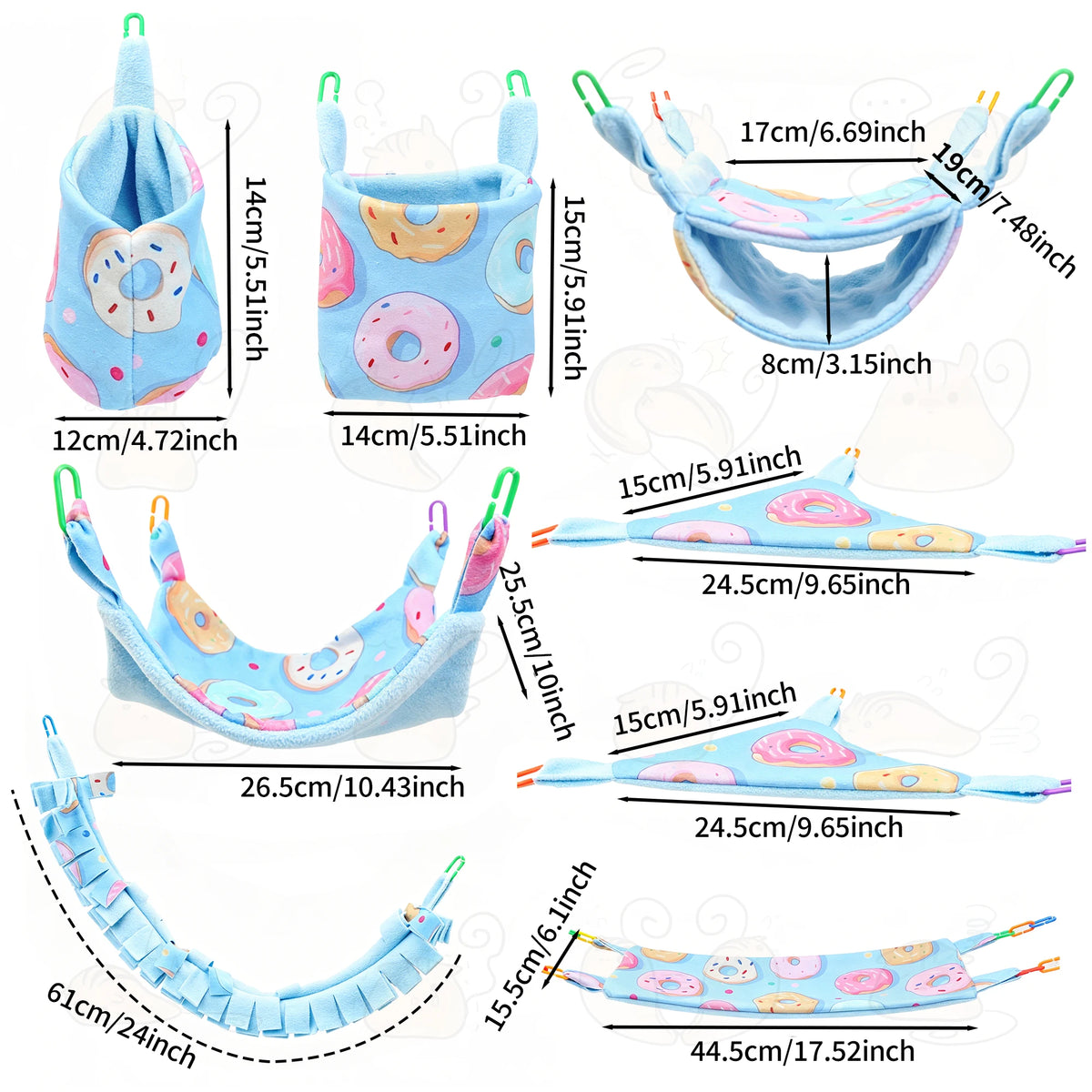 A set of multi-functional pet hammocks and hideouts in light blue and pink fabric, shown in various configurations.