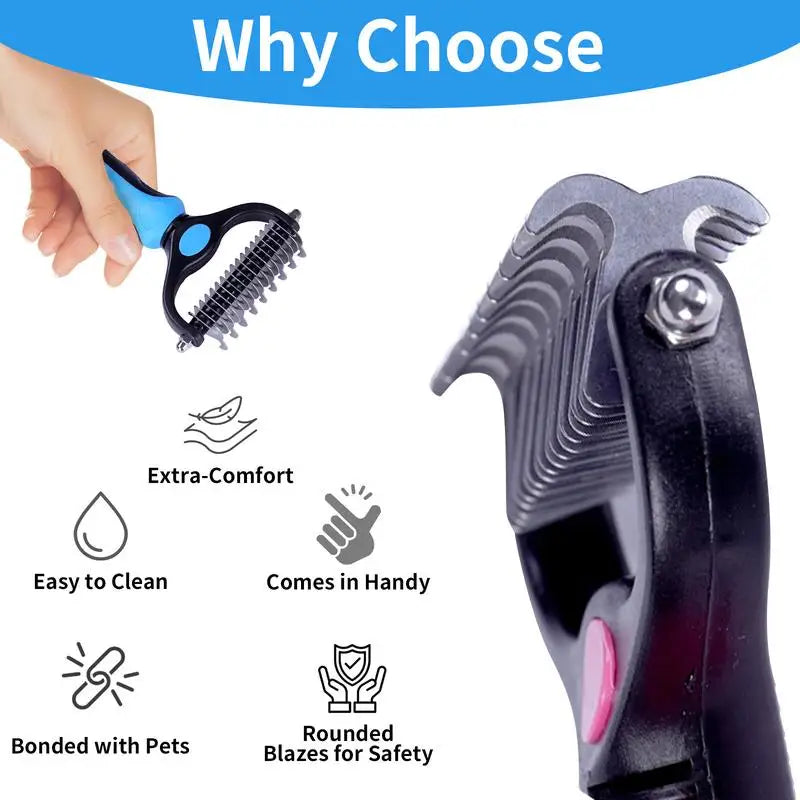 A hand holds a black pet deshedding brush with various features like extra comfort, easy cleaning, and safety features.