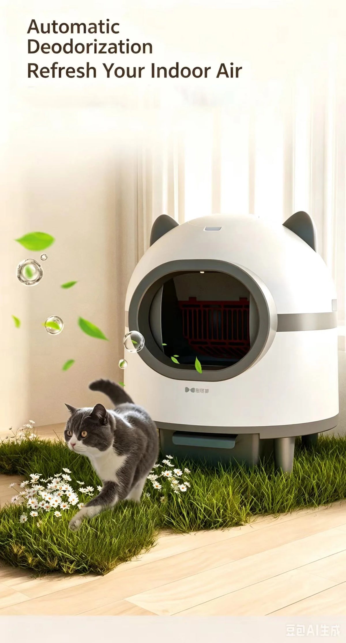 A white automatic deodorizer device is shown with a cat interacting with the surrounding greenery.