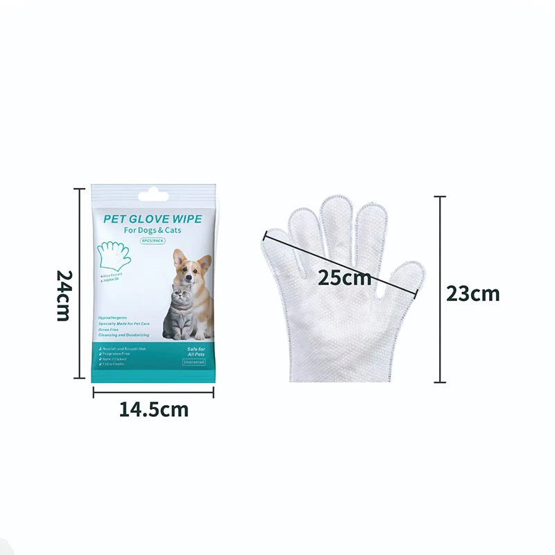 A white pet glove wipe for dogs and cats shown next to a hand model with dimensions.