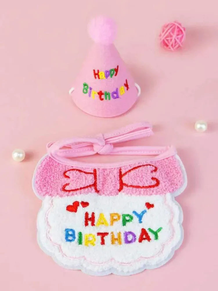 Un ensemble de bibs et chapeaux de fête roses pour animaux de compagnie avec un nœud rouge et une inscription 'joyeux anniver