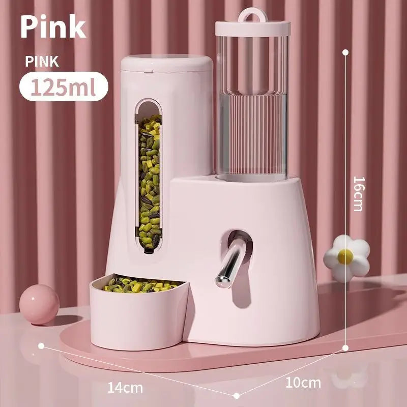 Alimenteur automatique et distributeur d'eau rose pour hamsters, montrant l'unité et ses dimensions.