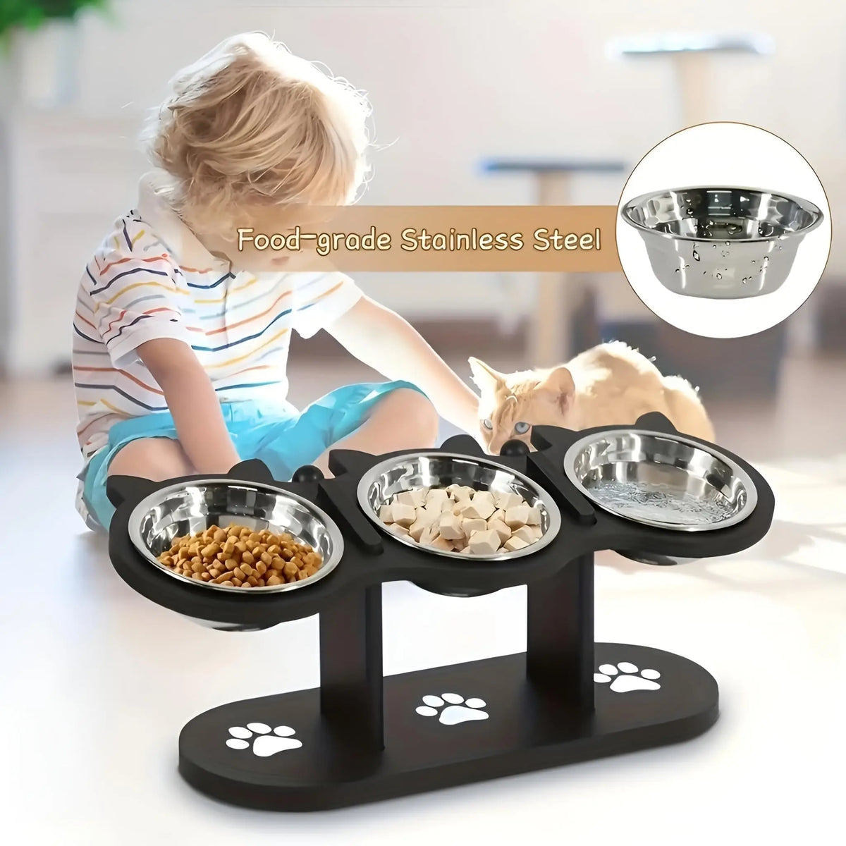 Schwarzes, erhöhtes Katzenfutter-Schalen-Set aus Edelstahl für lebensmittelechtes Füttern.