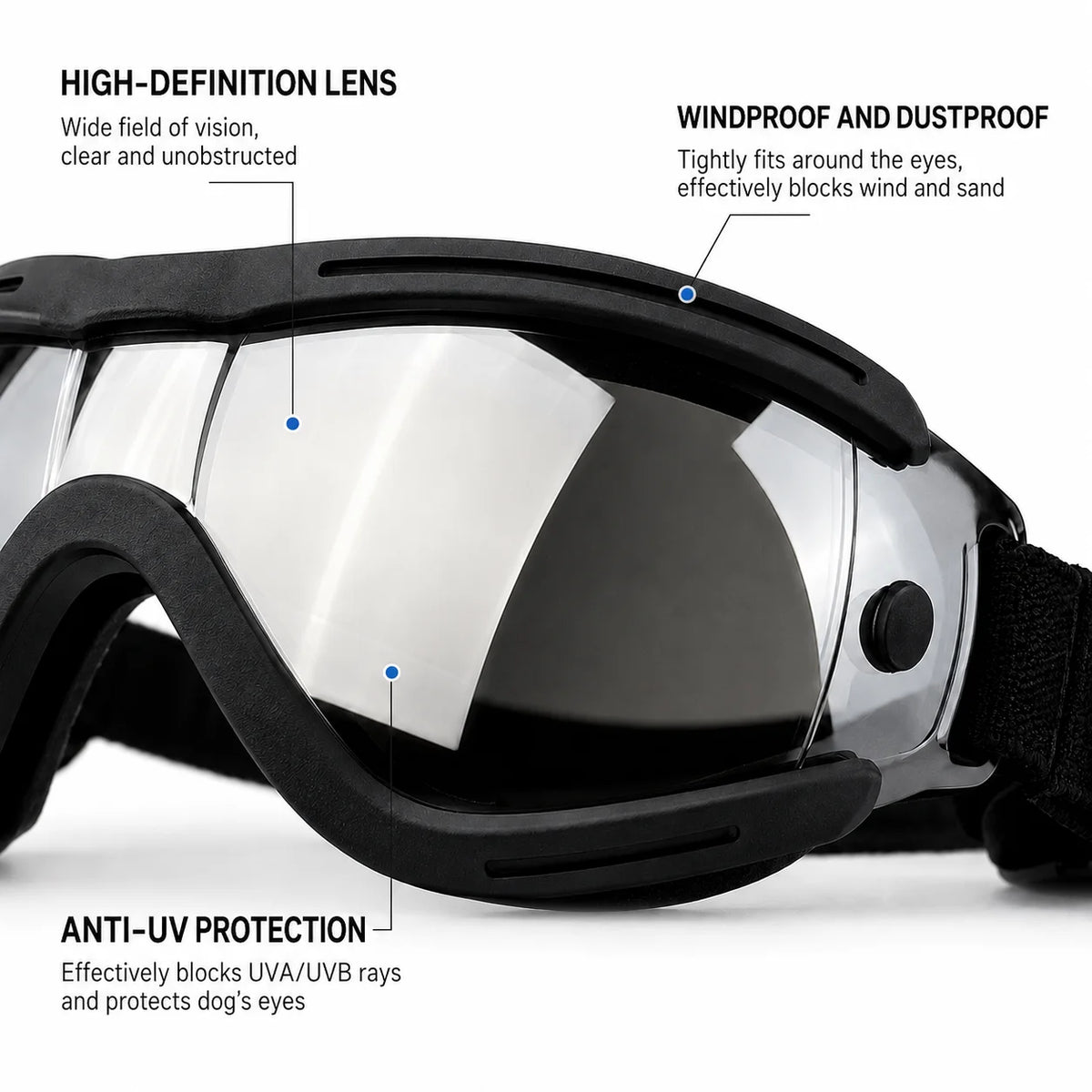Schwarze Anti-UV Hundegoggles mit HD-Linsen, winddichter Schutz und UV-Schutz