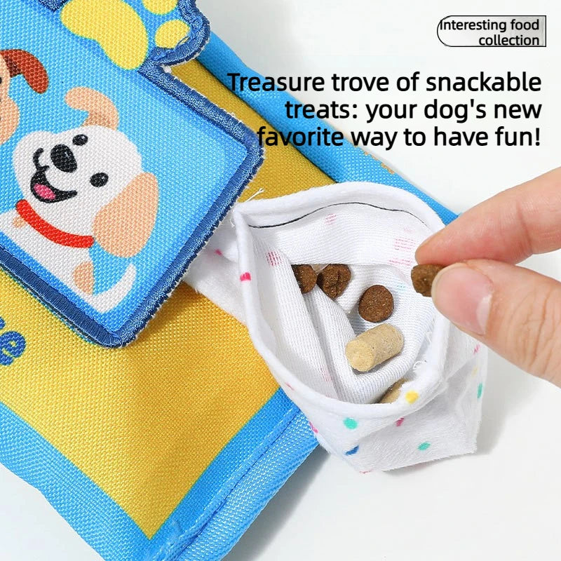 A hand is holding a small white fabric pouch containing dog treats and puzzle pieces, next to a blue and yellow fabric item.