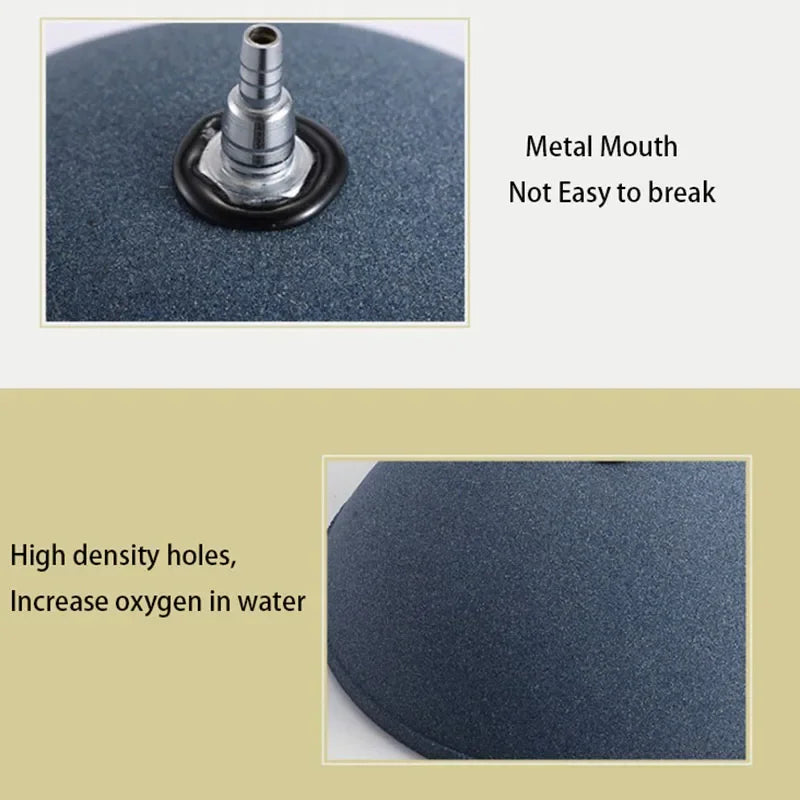A dark blue aquarium air stone disc with a metal mouth and high density holes for oxygenation.