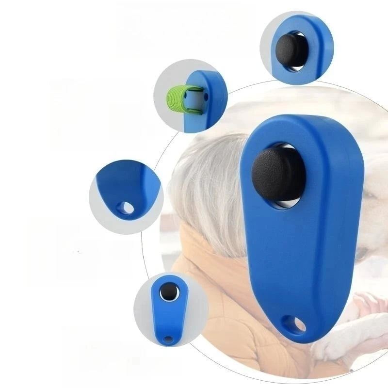 Blue pet training clicker with a green button shown in various angles against a white background.