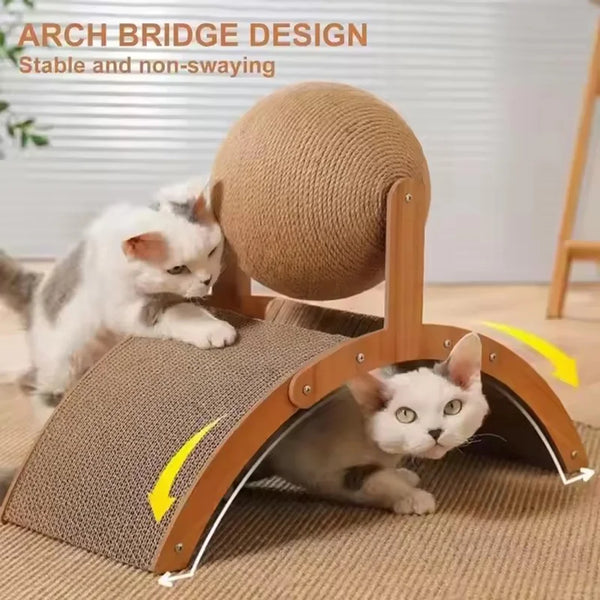 A cat is interacting with an arch bridge design cat scratcher featuring a rotating sisal ball.