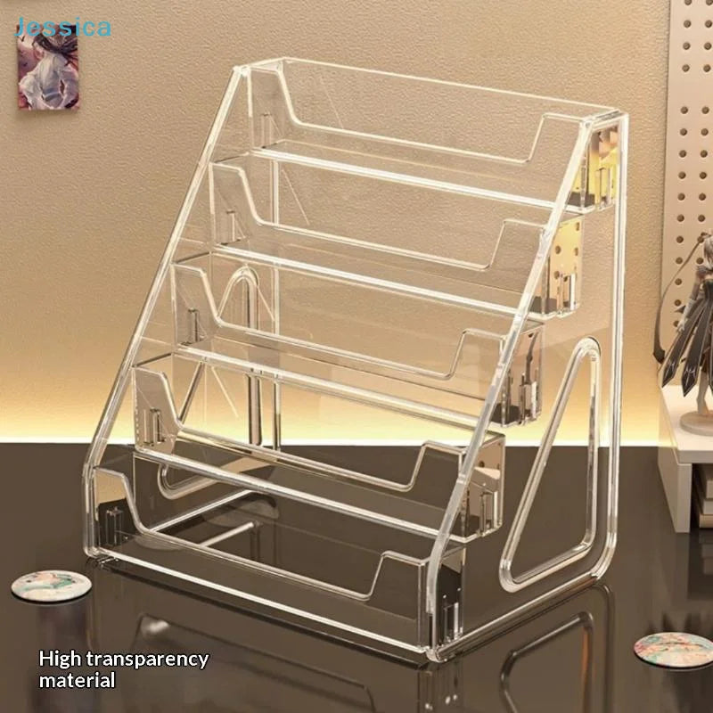 A clear acrylic display stand designed to hold and showcase business cards and brochures.
