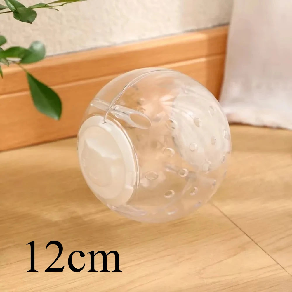 A clear plastic ball used for hamster exercise and play resting on a wooden surface.