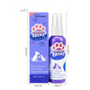 A purple bottle of Oral Spray for dogs and cats with a label showing usage instructions.