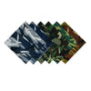 A collection of multiple camouflage print cotton bandanas displayed side by side.