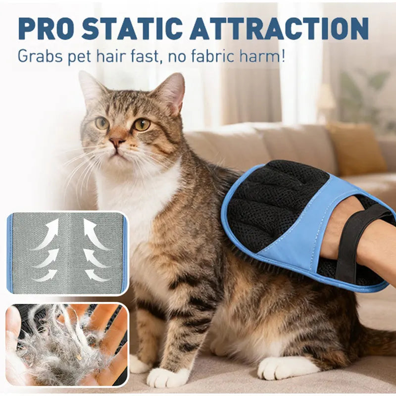 Eine Katze benutzt eine blaue Fellentfernungshandschuh auf ihrem Fell, um die elektrostatische Anziehung zur Tierhaarentfernu