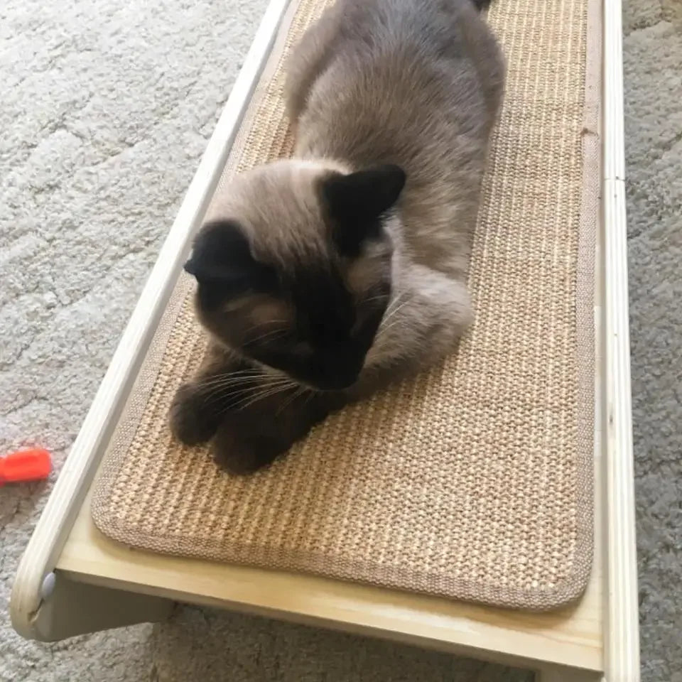 Eine graue Katze entspannt sich auf einem vertikalen Sisal-Kratzbaum mit Holzständer.