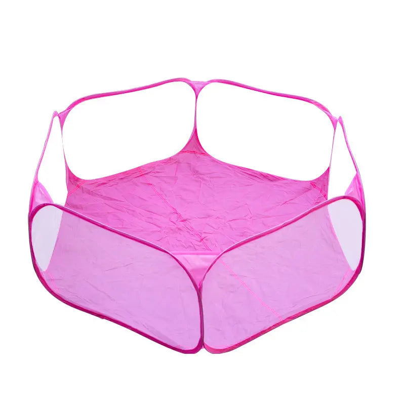 A pink foldable transparent pet playpen designed for small animals.
