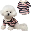 A white poodle wearing a pink and black striped breathable cooling vest dog hoodie.