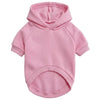 A pink knitted dog hoodie with a hood and short sleeves.