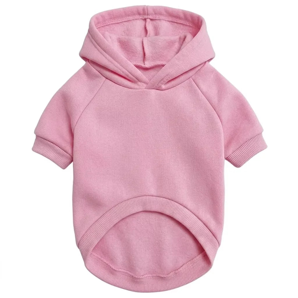 A pink knitted dog hoodie with a hood and short sleeves.
