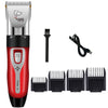A silver and red professional pet hair clipper with a black cord and multiple grooming attachments.