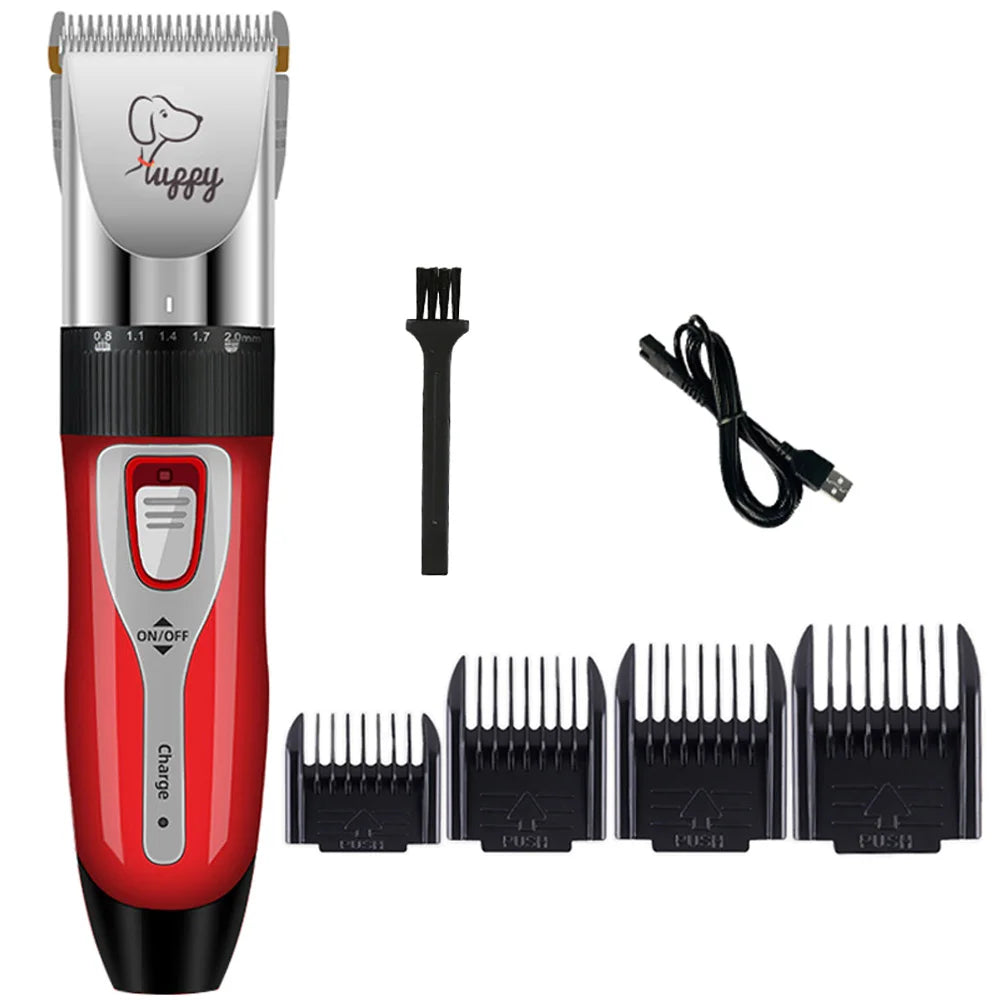 A silver and red professional pet hair clipper with a black cord and multiple grooming attachments.