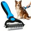 A black and blue dual-sided pet deshedding rake brush is shown next to a dog grooming a cat.