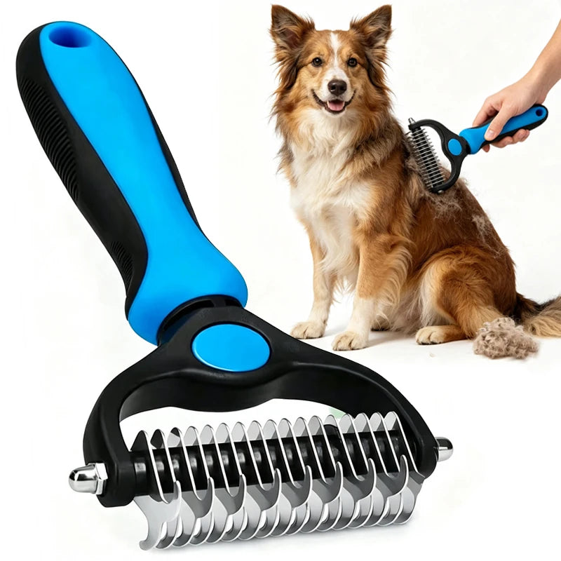 A black and blue dual-sided pet deshedding rake brush is shown next to a dog grooming a cat.